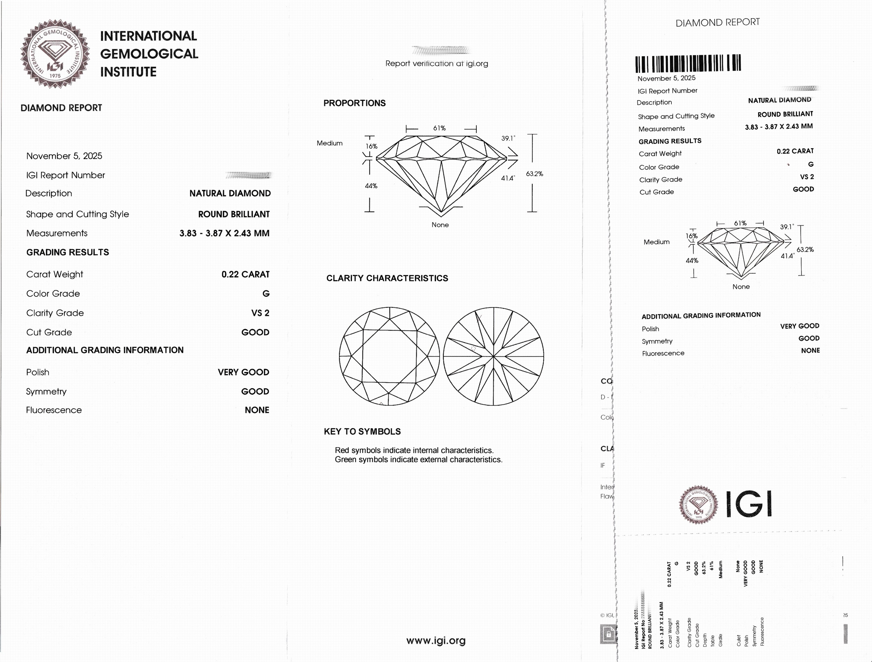 Detail a: Loser Brillant, 0.22 ct feines Weiß(G)/vs2, eingeschweißt, IGI-Expertise anbei