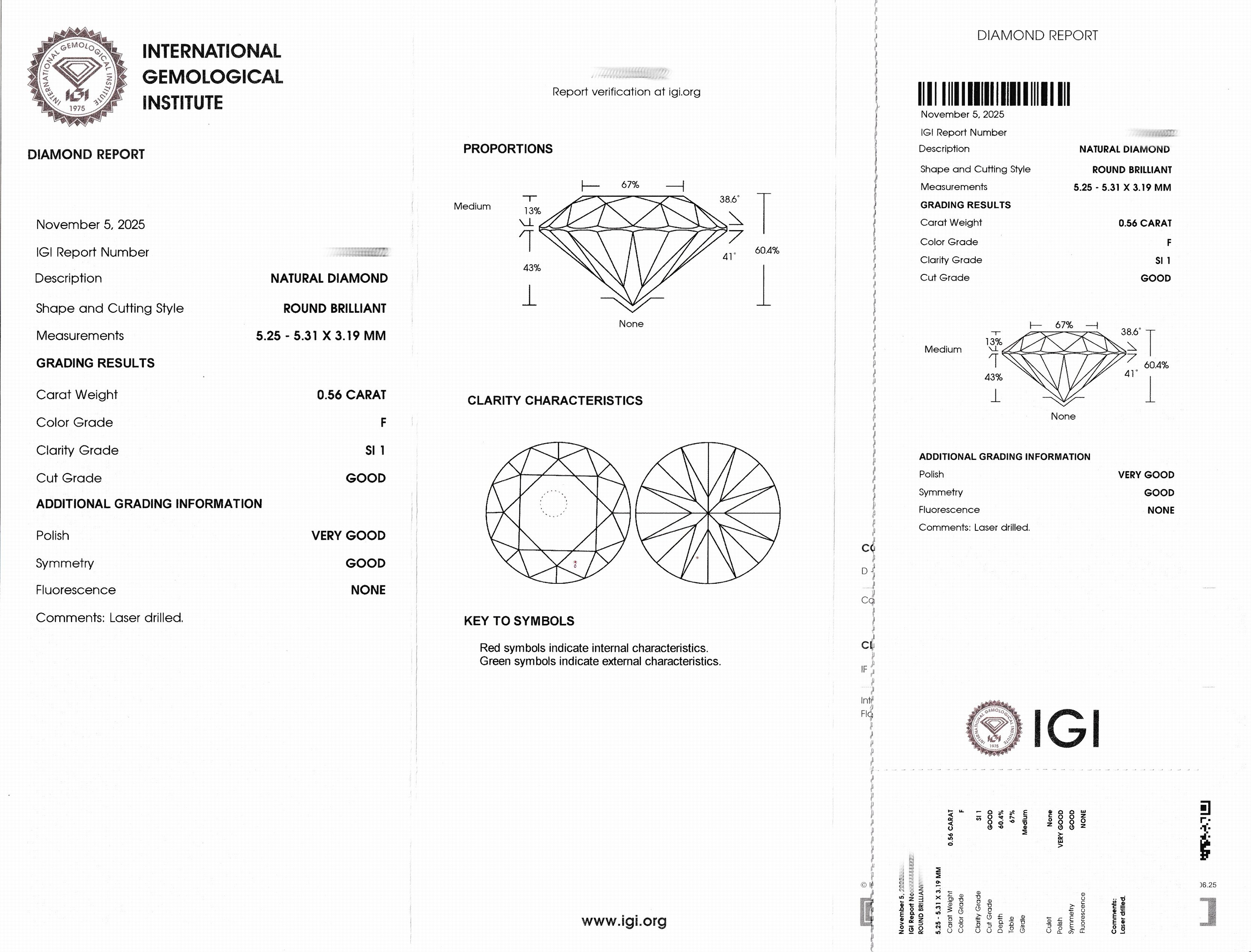 Detail a: Loser Brillant, 0.56 ct feines Weiß(F)/si1, eingeschweißt, IGI-Expertise anbei