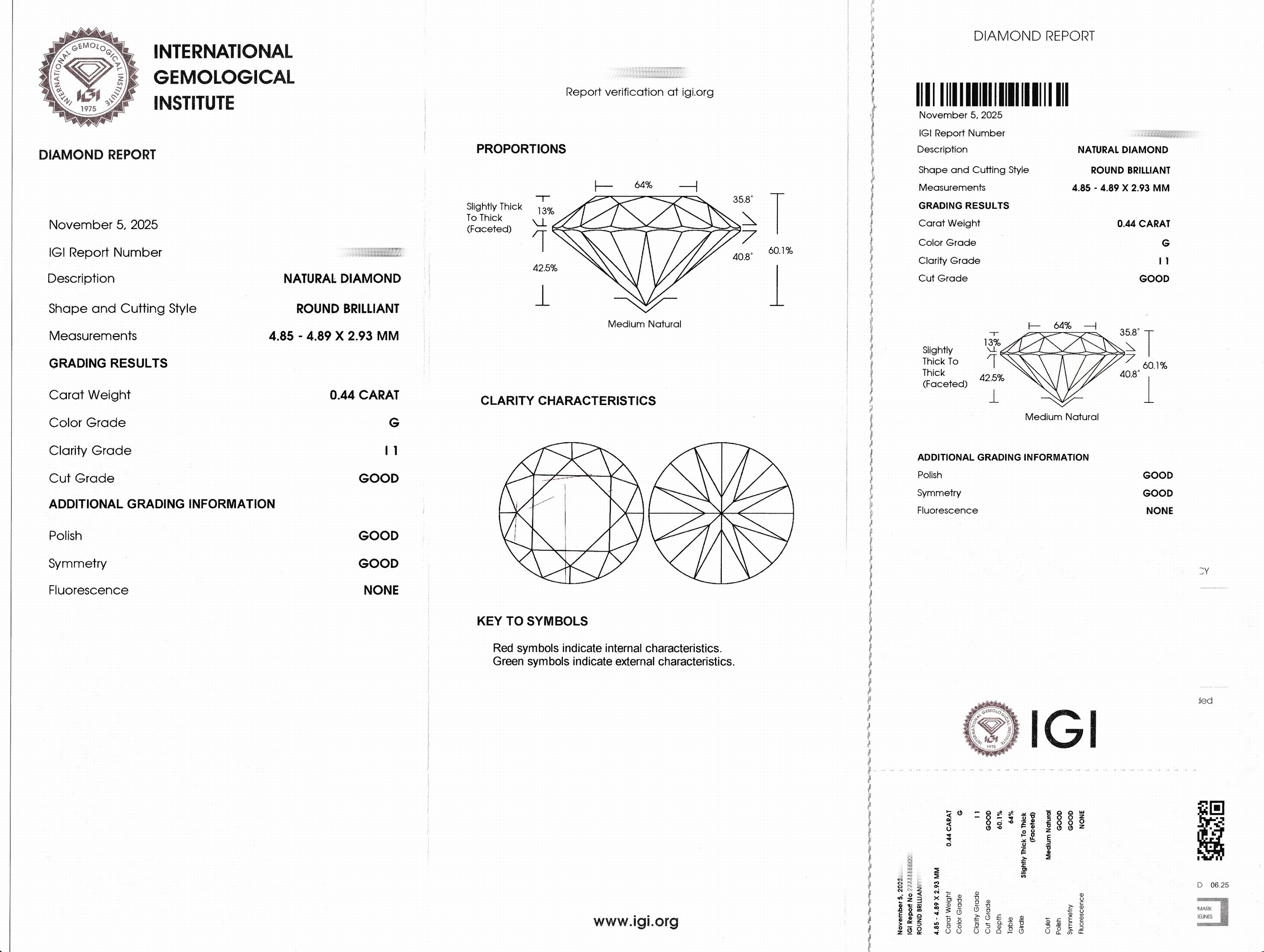 Detail a: Loser Brillant ca. 0.44 ct feines Weiß(G)/p1, eingeschweißt, IGI-Expertise anbei
