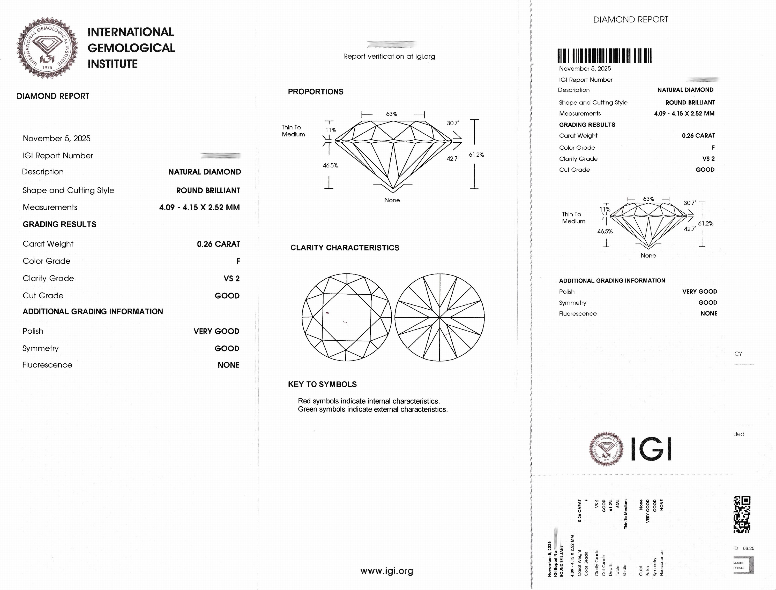 Detail a: Loser Brillant ca. 0.26 ct feines Weiß(F)/vs2,eingeschweißt, IGI-Expertise anbei