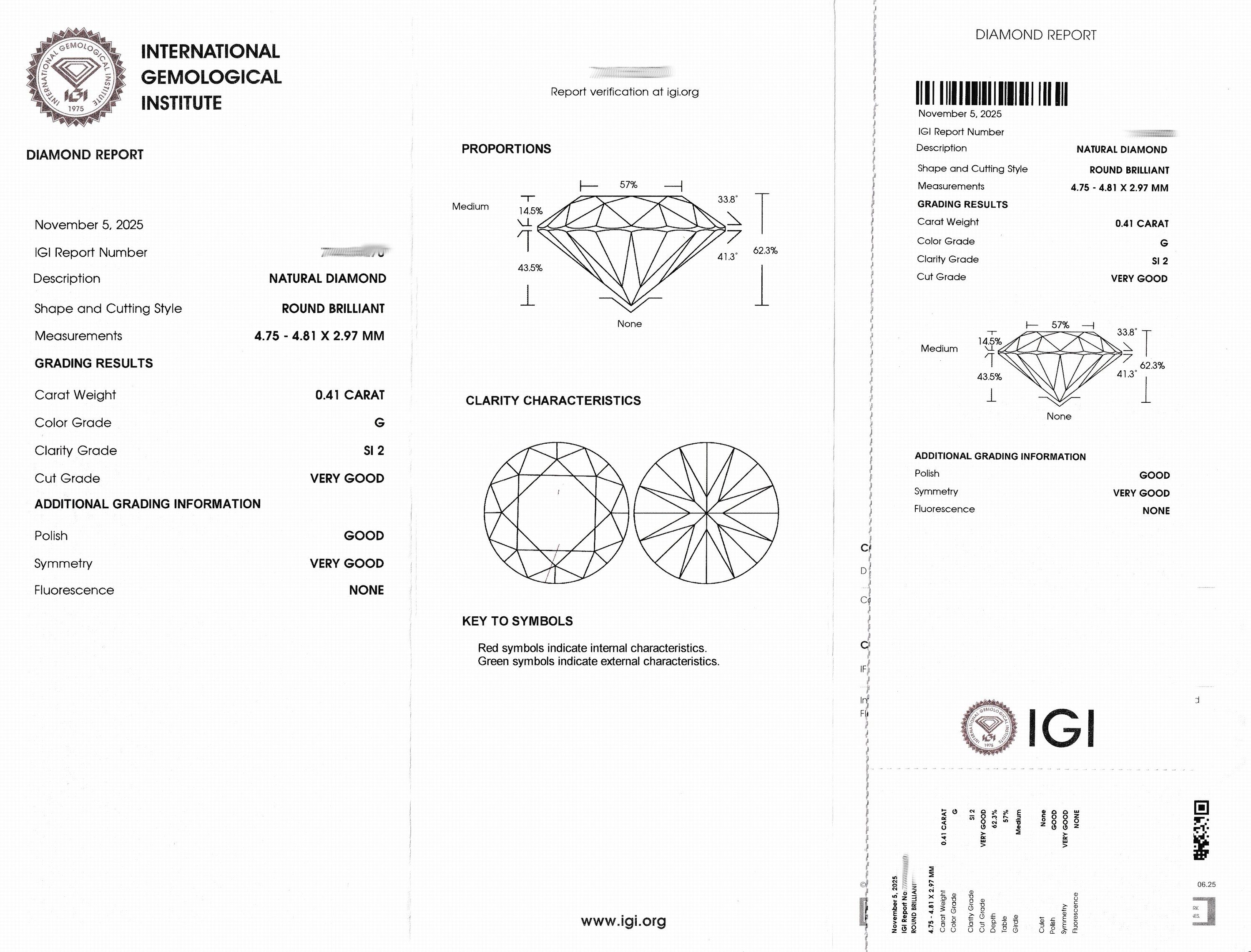 Detail a: Loser Brillant, ca. 0.41 ct feines Weiß (G)/si2, eingeschweißt, IGI-Expertise anbei