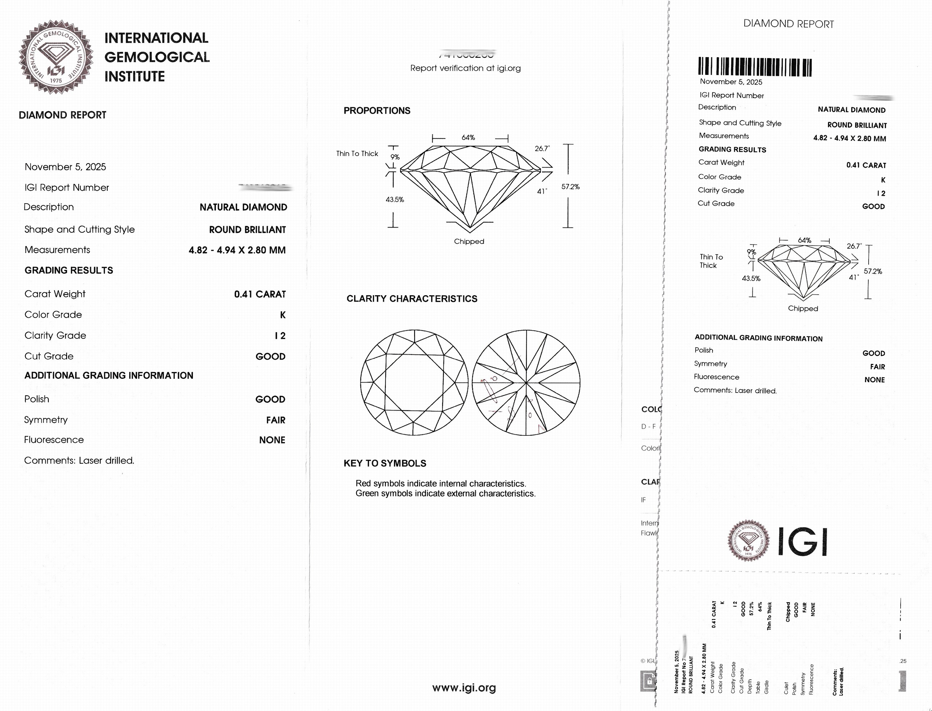 Detail a: Loser Brillant, 0.41 ct get.Weiß(K)/p2, eingeschweißt, IGI-Expertise anbei