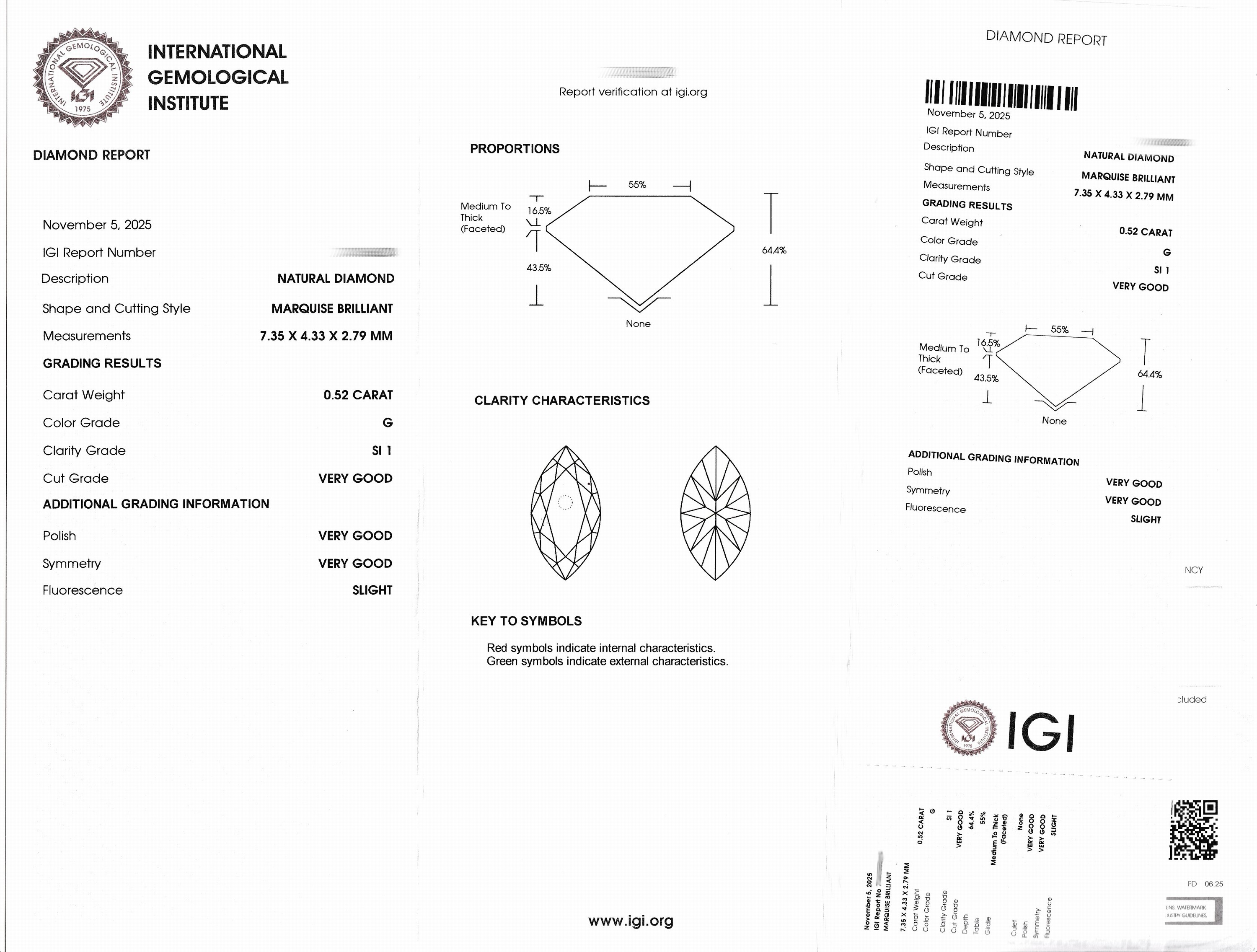 Detail a: Loser Brillant ca. 0.53 ct feines Weiß(G)/p1, eingeschweißt, IGI-Expertise anbei