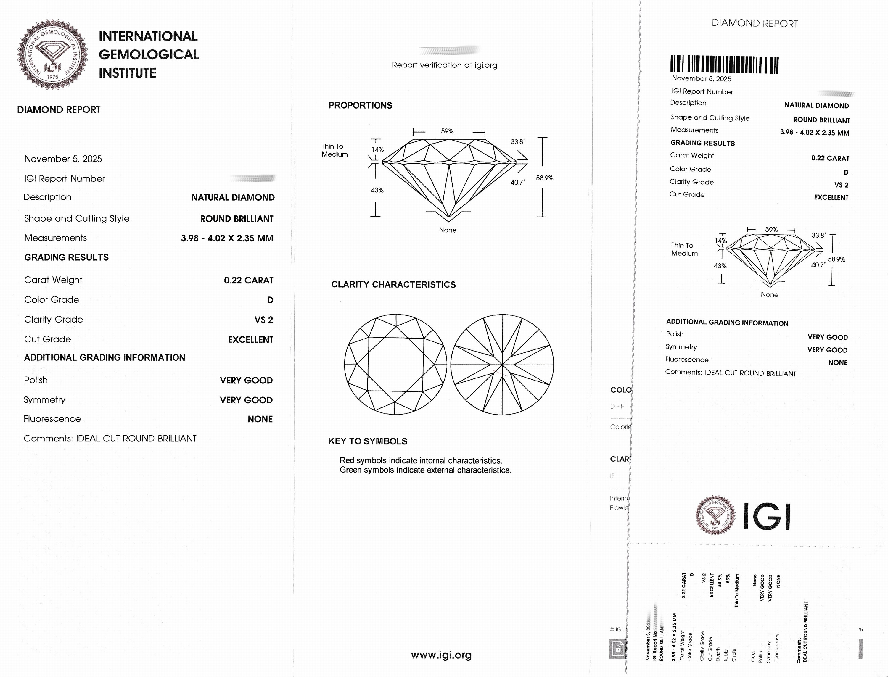 Detail a: Loser Brillant, ca. 0.22 ct hochfeines Weiß (D)/vs2, eingeschweißt, IGI-Expertise anbei