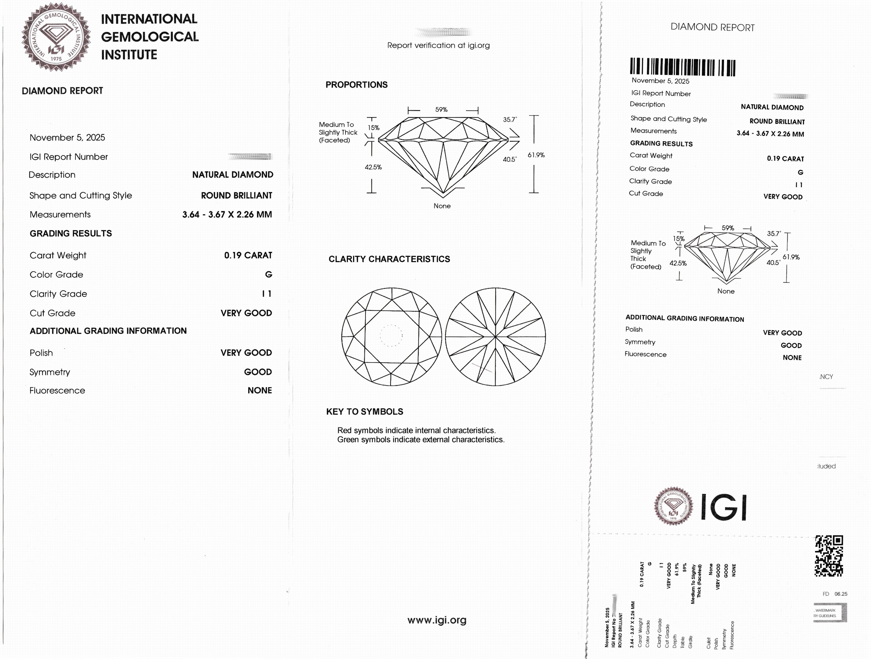 Detail a: Loser Brillant ca. 0.19 ct feines Weiß(G)/p1, eingeschweißt, IGI-Expertise anbei