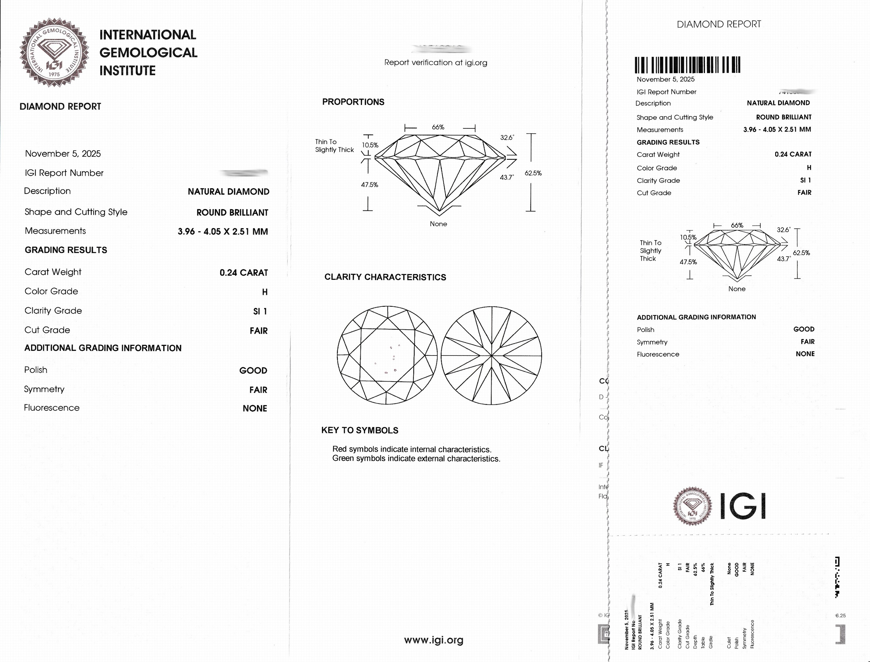 Detail a: Loser Brillant, 0.24 ct Weiß(H)/si1, eingeschweißt, IGI-Expertise anbei