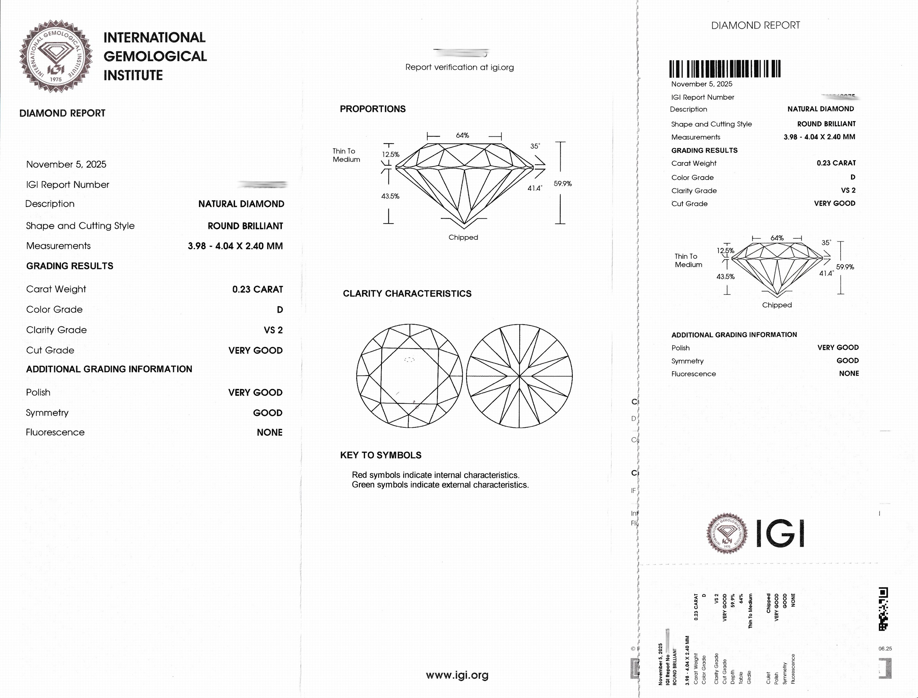 Detail a: Loser Brillant ca. 0.23 ct hochfeines Weiß (D)/vs2, eingeschweißt, IGI-Expertise anbei