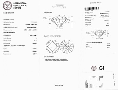 27076728a - Loser Brillant 0.50 ct Weiß(H)/vs2, eingeschweißt, IGI-Expertise anbei Schätzpreis: ...