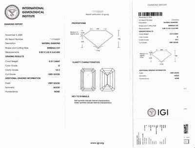 27076729a - Loose diamond , 0.37 ct Top Wesselton (G)/vs2, emerald cut, sealed, IGI-expertise ...