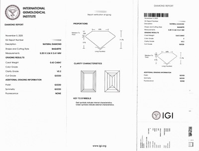 27076731a - Loser Diamant, 0.43 ct feines Weiß(F)/vs2, Baguette, eingeschweißt, IGI-Expertise anbei ...