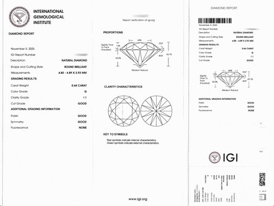 27076734a - Loser Brillant ca. 0.44 ct feines Weiß(G)/p1, eingeschweißt, IGI-Expertise anbei ...