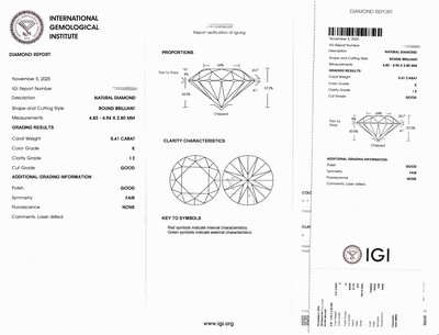 27076739a - Loser Brillant, 0.41 ct get.Weiß(K)/p2, eingeschweißt, IGI-Expertise anbei ...