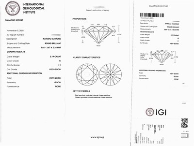 27076742a - Loser Brillant ca. 0.19 ct feines Weiß(G)/p1, eingeschweißt, IGI-Expertise anbei ...