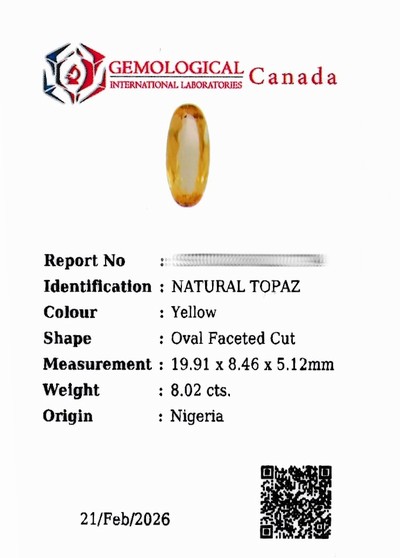 27076748c - Loser Topas ca. 8.02 ct, ovalfacett., ca. 19.91 x 8.46 x 5.12 mm, Yellow, Herkunft ...