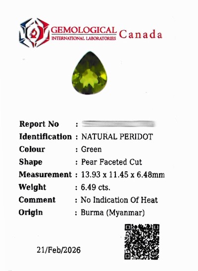 27076749c - Loser Peridot, ca. 6.49 ct, facett. Tropfen, ca. 13.93 x 11.45 x 6.48 mm, Herkunft Burma ...