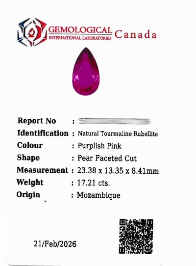 27076751c - Loser Rubellit, ca. 17.21 ct, facett. Tropfen,ca. 23.38 x 13.35 x 8.41 mm, Purplish Pink, ...