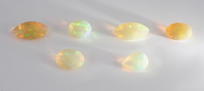 27076865b - Lot 6 loose opals , total approx. 10.4 ct, 2x bevelled marquises, 3 x oval bevelled, 1 x ...