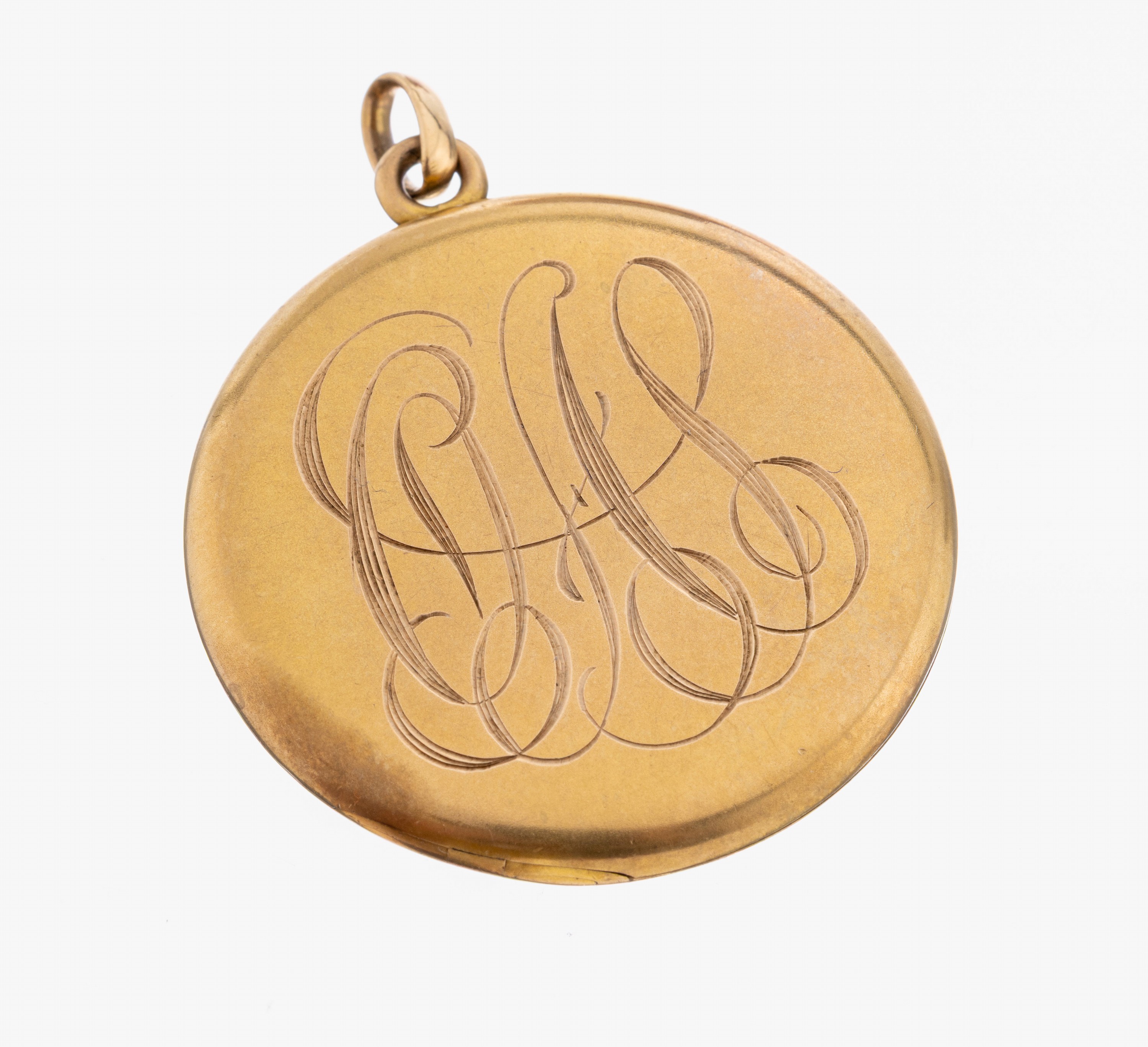 10 kt Gold Medaillon-Anhänger, GG 417/000, beids. Monogr.: EX und wohl OAL, D. ca. 4 cm, aufklappbar für Foto oder Memory-Einlage, ca. 14.5 g