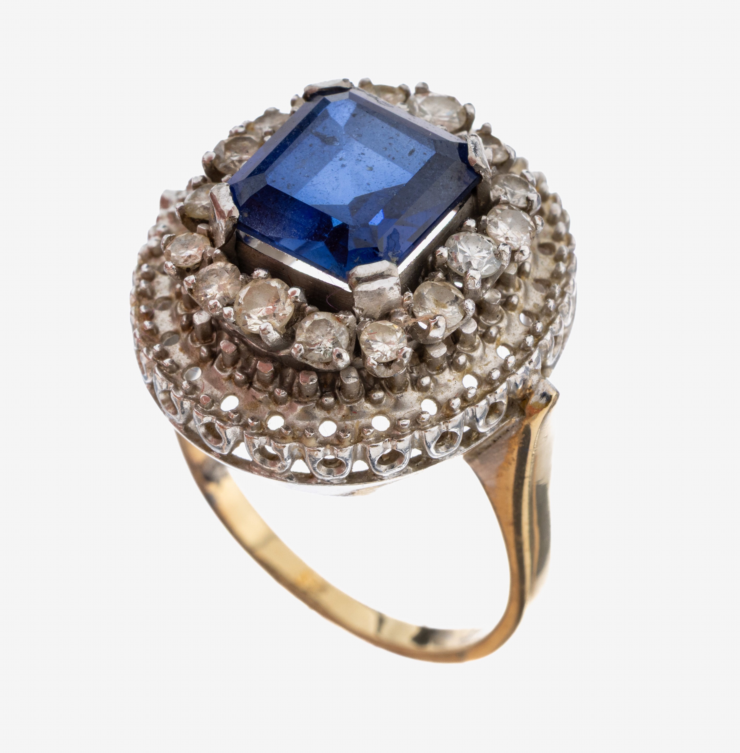 Image 27077585 - 14 kt Gold Farbstein-Brillant-Ring, GG/WG 585/000, Ringkopf WG, mittig synth. Saphir im ...