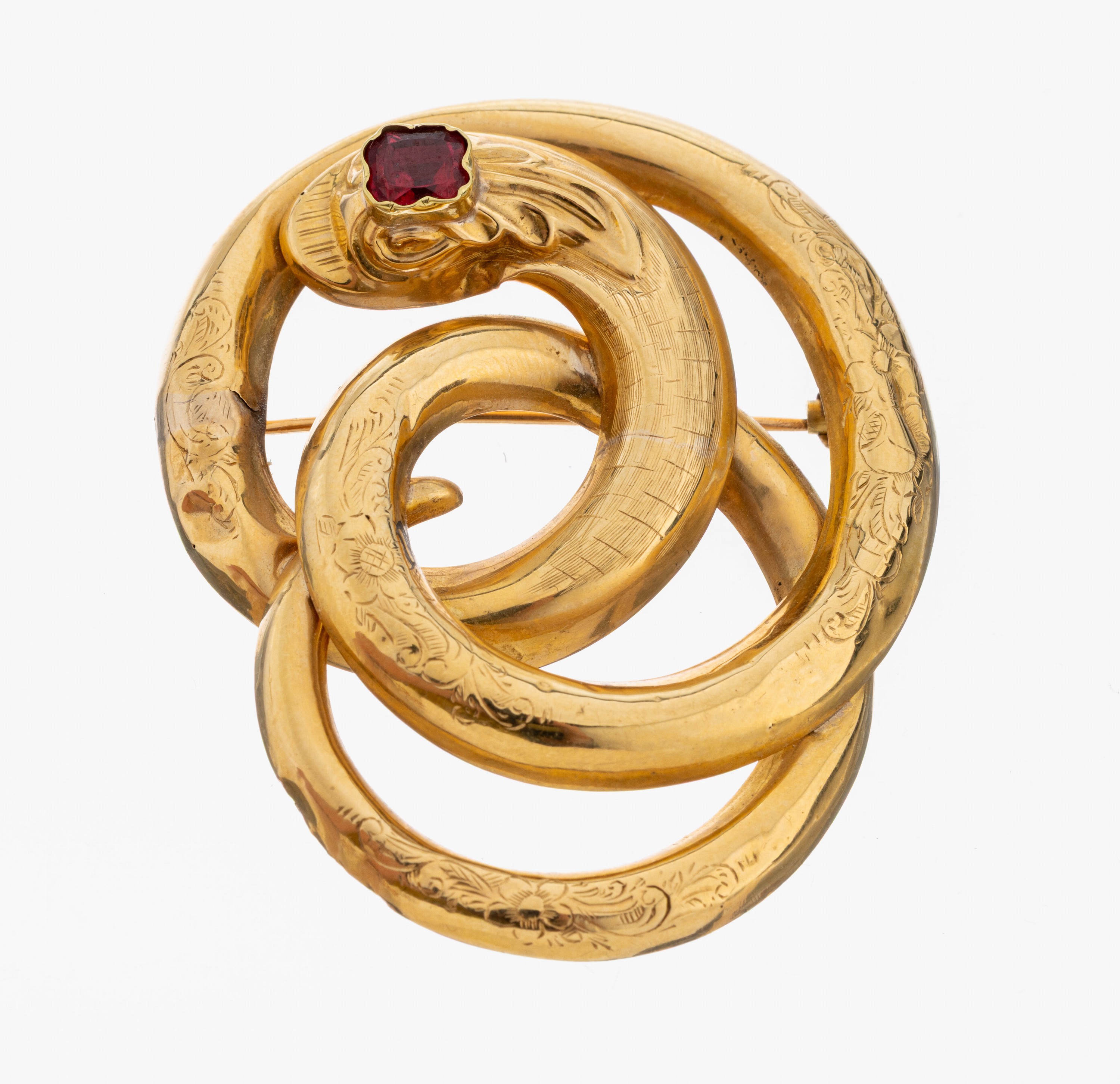 14 kt Gold Granat-Schlangenbrosche, um 1860, GG 585/000, Kopf mit Almandin Granat, starke Gebr.-Spuren, verbeult, Nadelung repariert, ca. 5 x 4 cm, ...