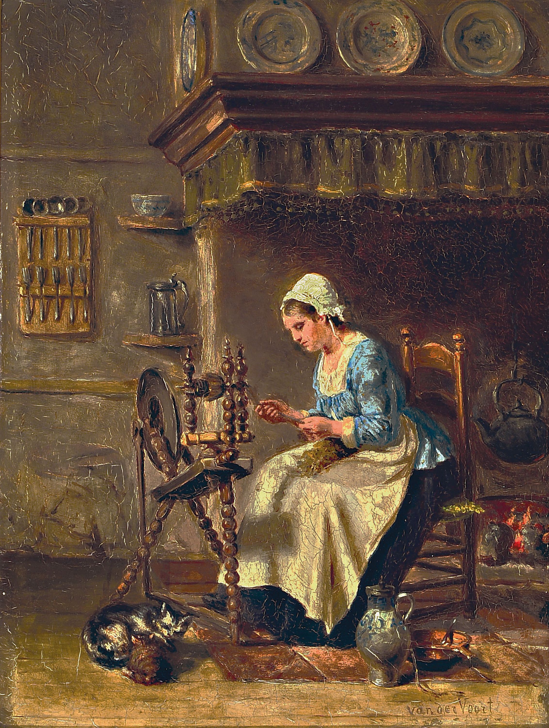 Image 27077685 - Herman Jacob van der Voort, 1847-1902, Interieur mit junger Frau am Spinnrad, Öl/Holz, ...