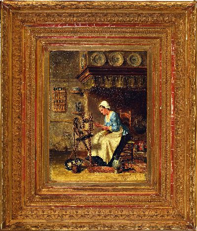 27077685k - Herman Jacob van der Voort, 1847-1902, Interieur mit junger Frau am Spinnrad, Öl/Holz, ...