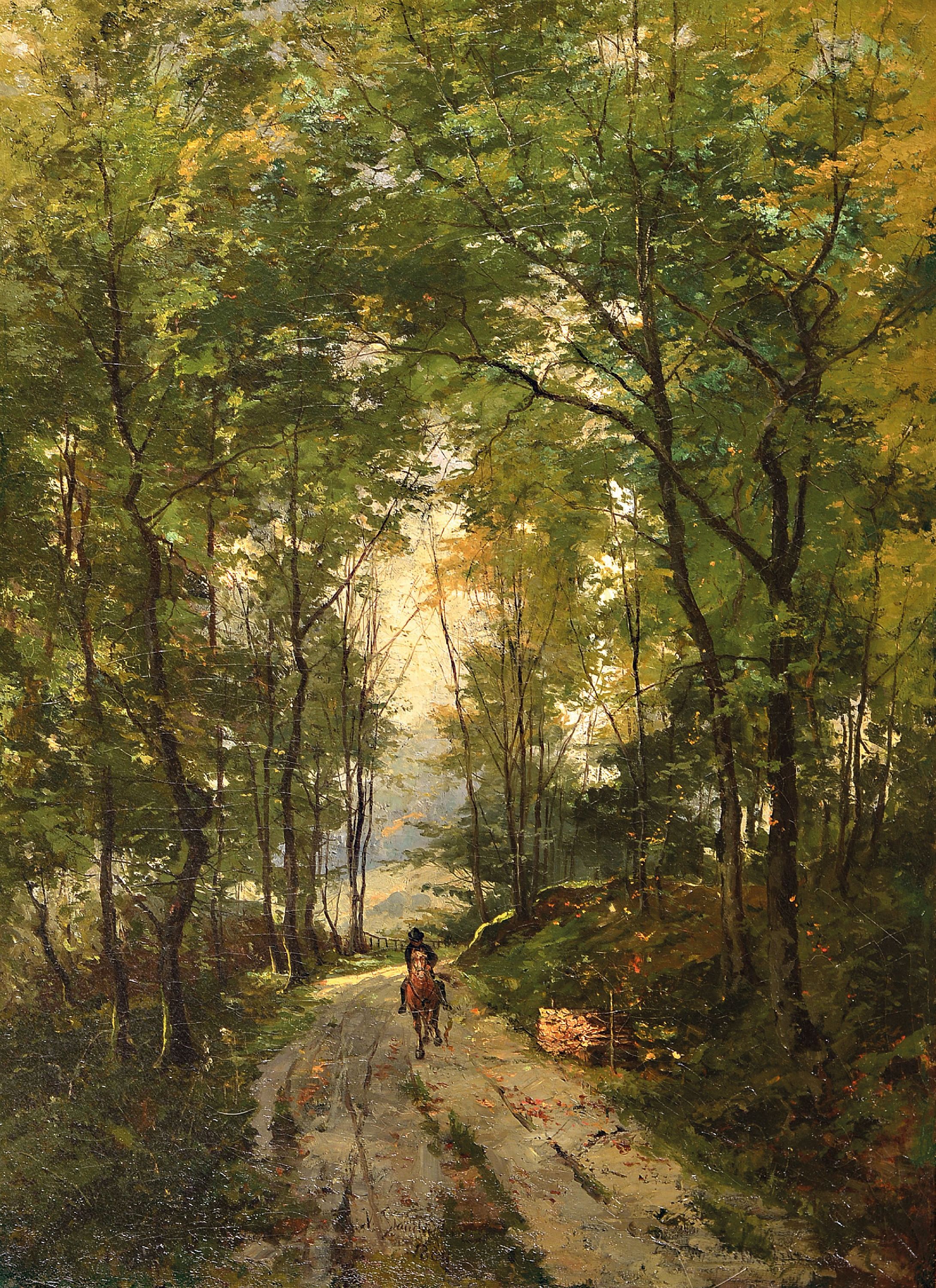 Image 27077739 - Vitus Staudacher, 1850 Gaimersheim-1925 Baden-Baden, Reiter auf einem Waldweg, Öl/Lwd, ...