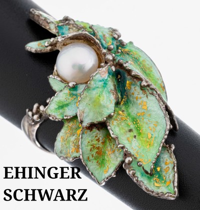 Image EHINGER SCHWARZ Email-Perl-Ring, 925er Silber, florales Motiv, Blattwerk emailliert in ...