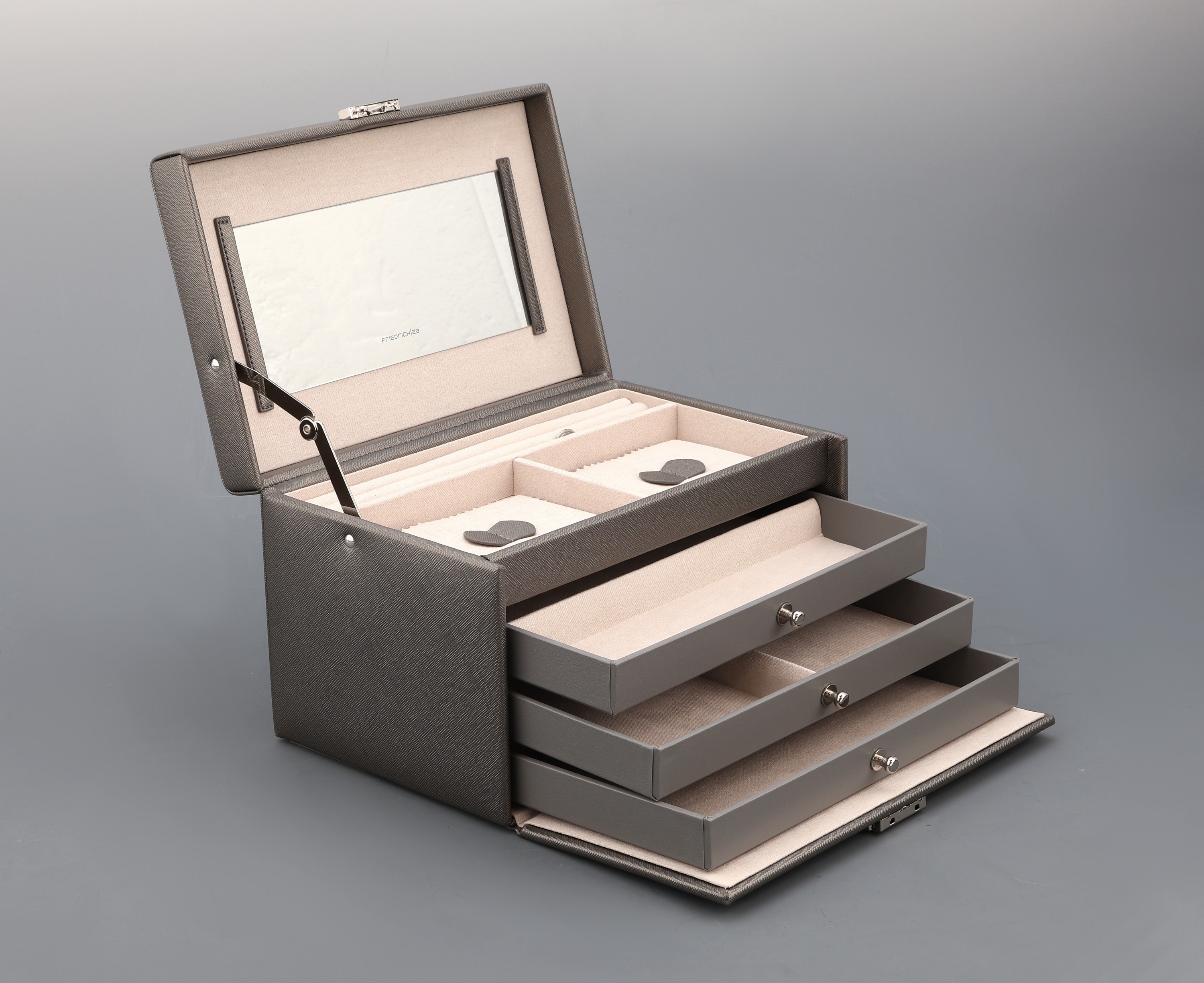 Image 27079118 - Schmuckkoffer aus zinnfarb. Feinsynthetik, Kreuznarbendekor, beiges Innenfutter, ...