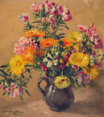 Image August Bechter, 1889-1965 Bad Kreuznach, Blumenstillleben, Öl/Hartfaser, links unten ...