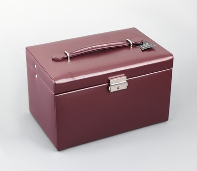 27079111a - Schmuckkoffer aus weinrotem Glattleder, Innenausstattung aus altrosafarbenen ...