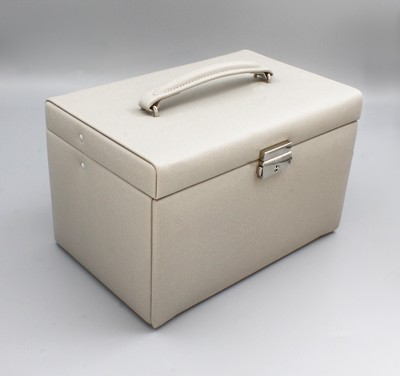 27079120a - Schmuckkoffer aus grauem Feinsynthetik, Kreuznarbendekor, beiges Innenfutter, ...