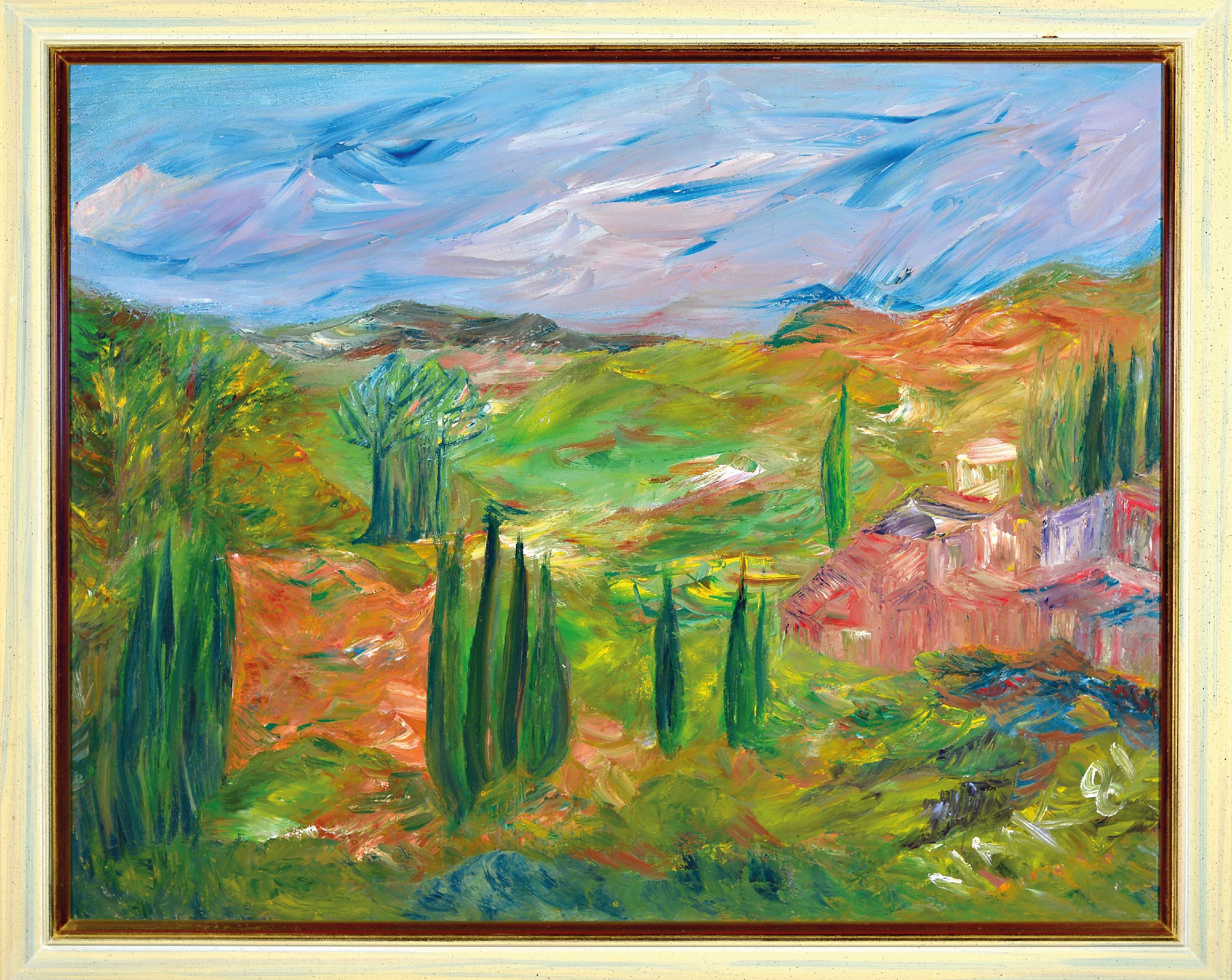 Detail k: Veda Moses Kahnert, 1924 Jamaika-2017, südliche Landschaft mit Zypressen, Öl/Lwd, rechts unten monogrammiert VMK und dat. 81, ca. 55x70cm, R. ca. ...