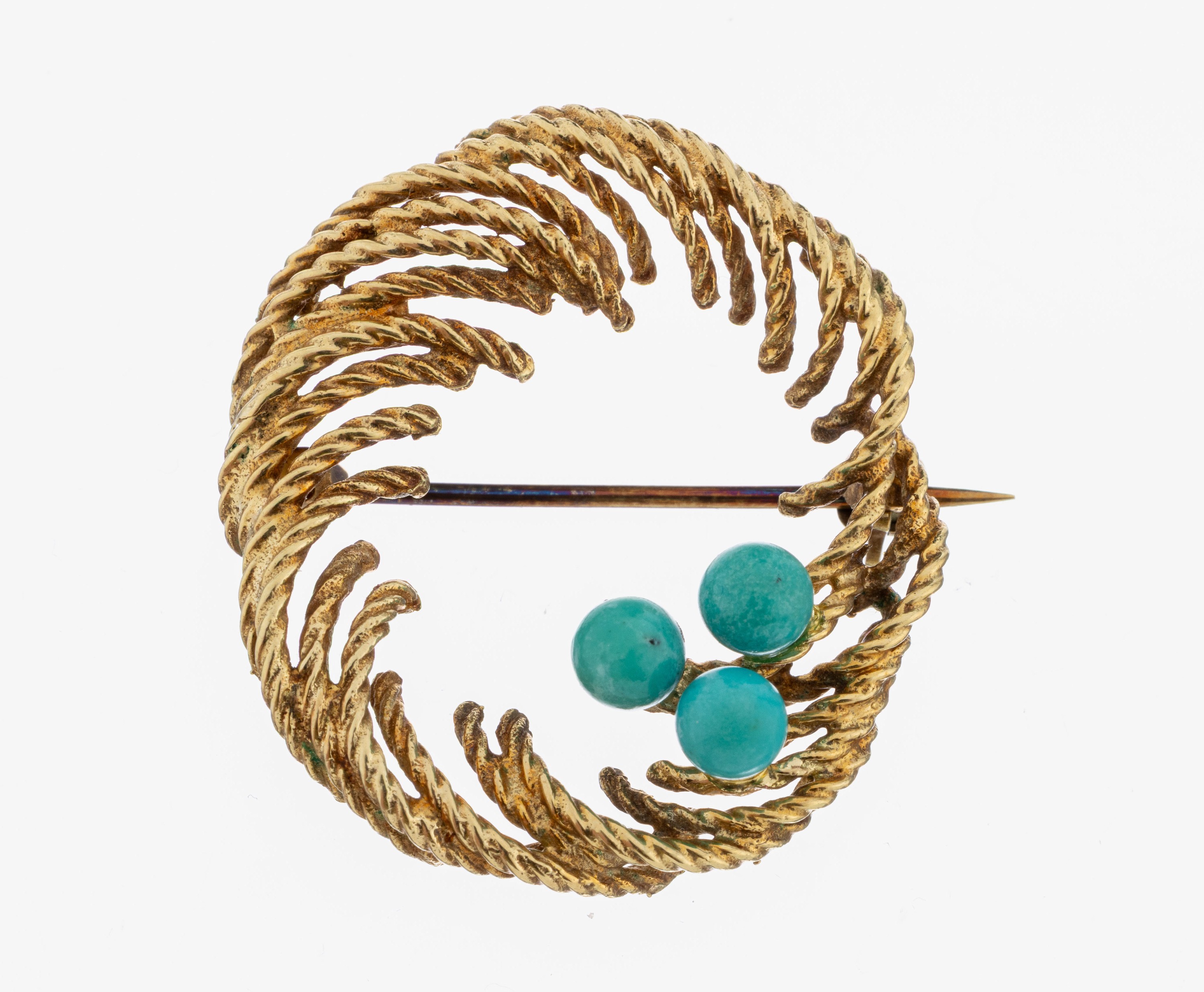 Image 27079617 - 14 kt Gold Türkis-Brosche, GG 585/000, wellenf., 3 Türkiskugeln, ca. 5.7 g, ...