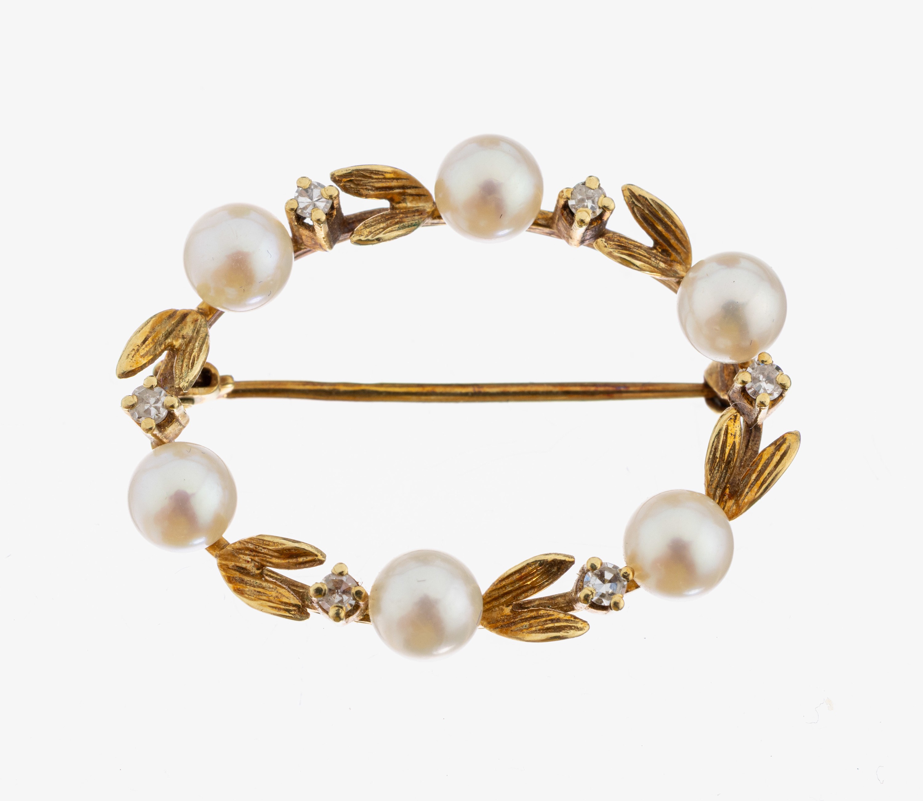 Image 27079623 - 14 kt Gold Perl-Diamant-Brosche, GG 585/000, in Form eines Blütenkranzes, 6 ...