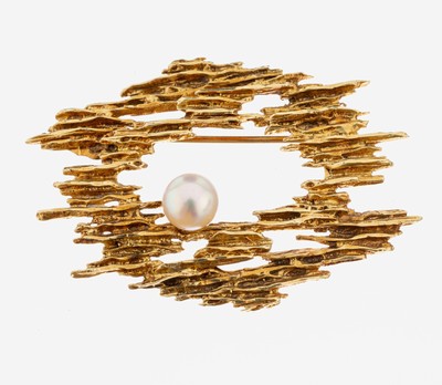 Image 14 kt Gold Perl-Brosche, GG 585/000, strukt., ausgefallenes Design, kl. rosefarb. ...