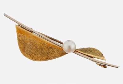 Image 14 kt Gold Perl-Brosche, GG/WG 585/000, asymmetrisches Design, GG strukt., mittig ...