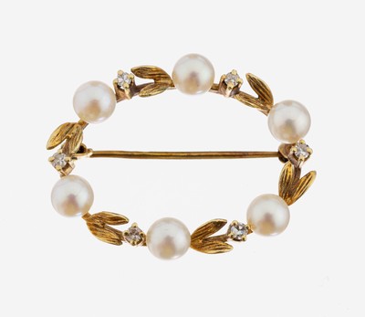 Image 14 kt Gold Perl-Diamant-Brosche, GG 585/000, in Form eines Blütenkranzes, 6 ...