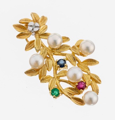 Image 8 kt Gold Farbstein-Diamant-Perl-Anhänger, GG/WG 333/000, florale Gestaltung, Blätter ...