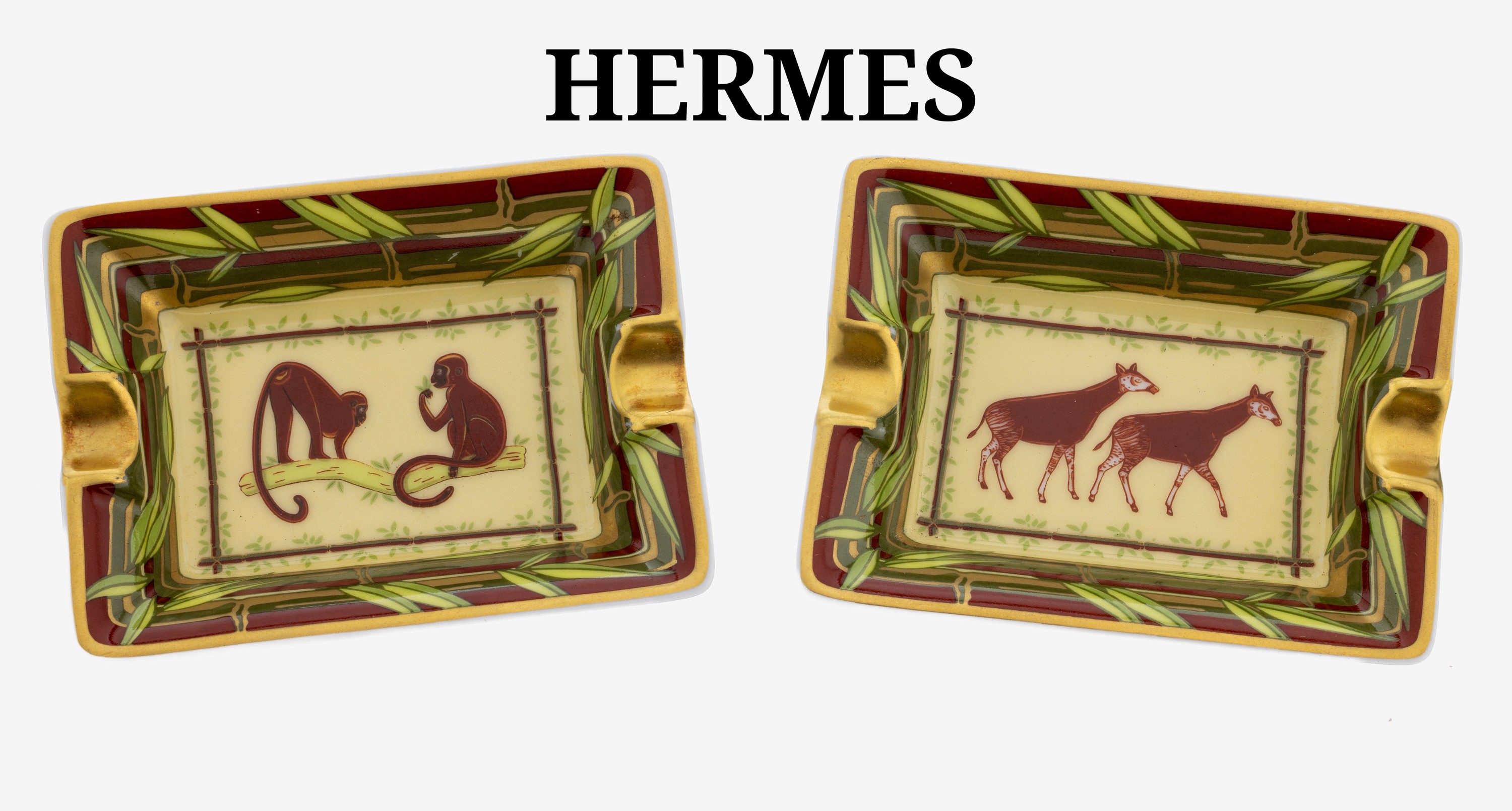 Image 27079748 - Rare HERMES miniature ashtray-pair jungle- series , porcelain, creamcoloured fond with ...