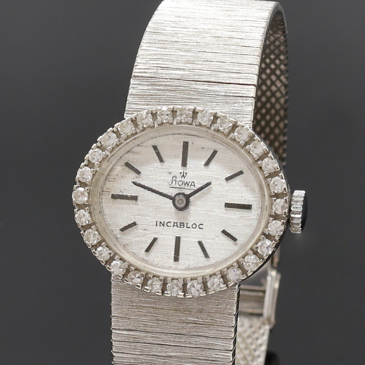 Detail a: STOWA Damenarmbanduhr in WG 750/000 mit Diamanten, Deutschland/Schweiz um 1965, Handaufzug, Goldband, Boden aufgedr., Lünette aufw. m. Diamanten ...