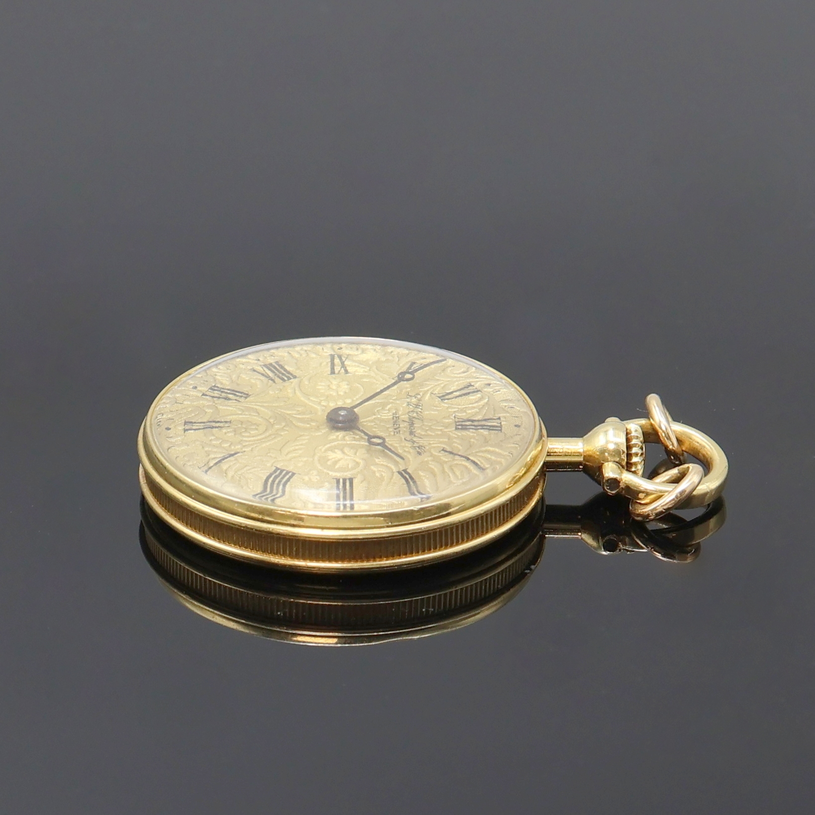 Detail b: CHOPARD offene Damentaschenuhr in GG 750/000, Schweiz um 1970, Handaufzug, geriffelter Rand, floral grav. Boden aufgedr., Zifferbl. floral grav. m. ...