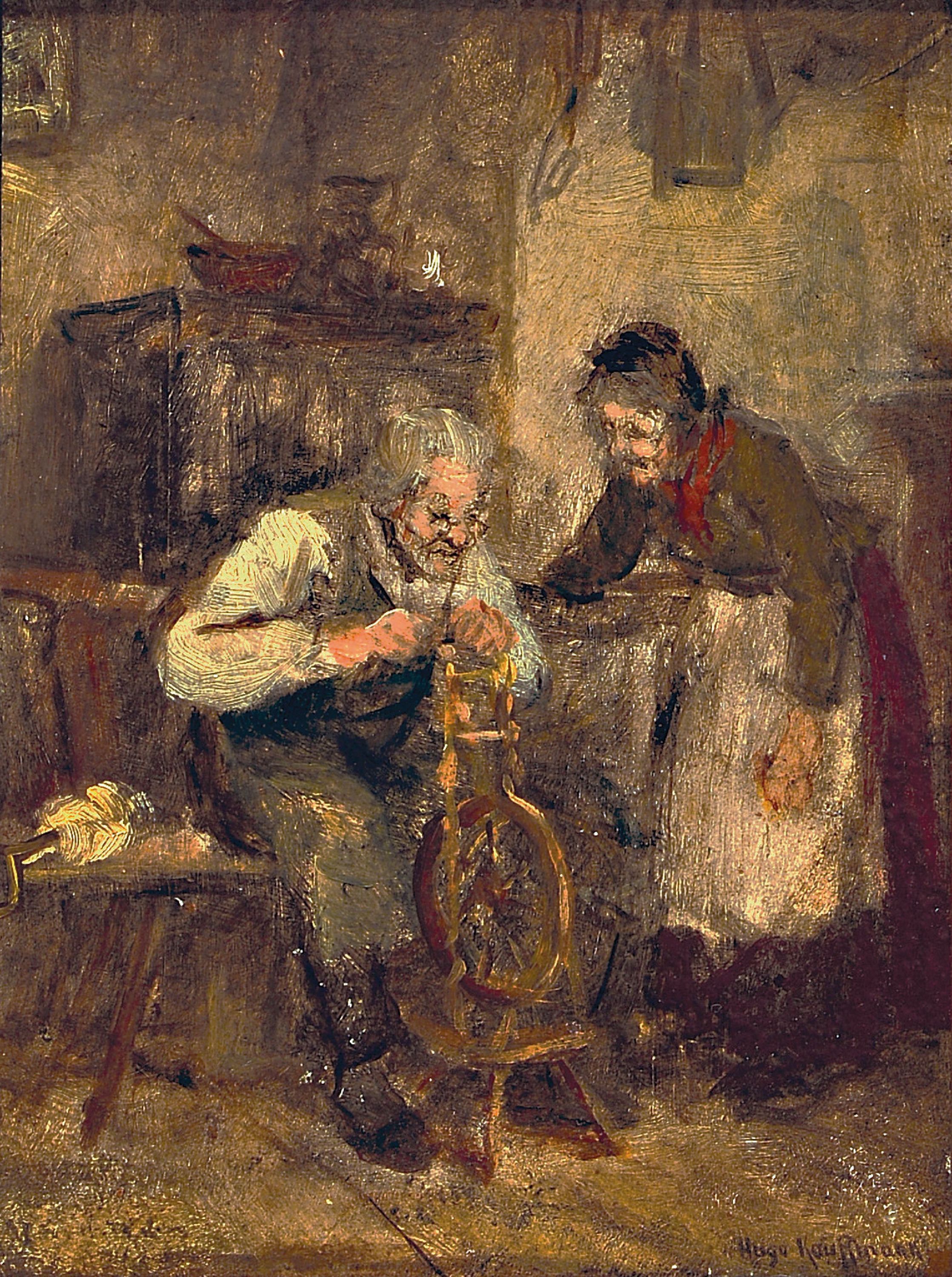 Image 27080097 - Hugo Kaufmann, 1844-1915, Interieur mit altem Paar, er repariert das Spinnrad, Öl/ ...