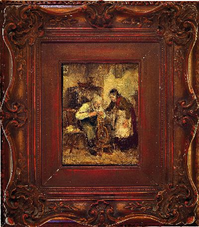 27080097k - Hugo Kaufmann, 1844-1915, Interieur mit altem Paar, er repariert das Spinnrad, Öl/ ...