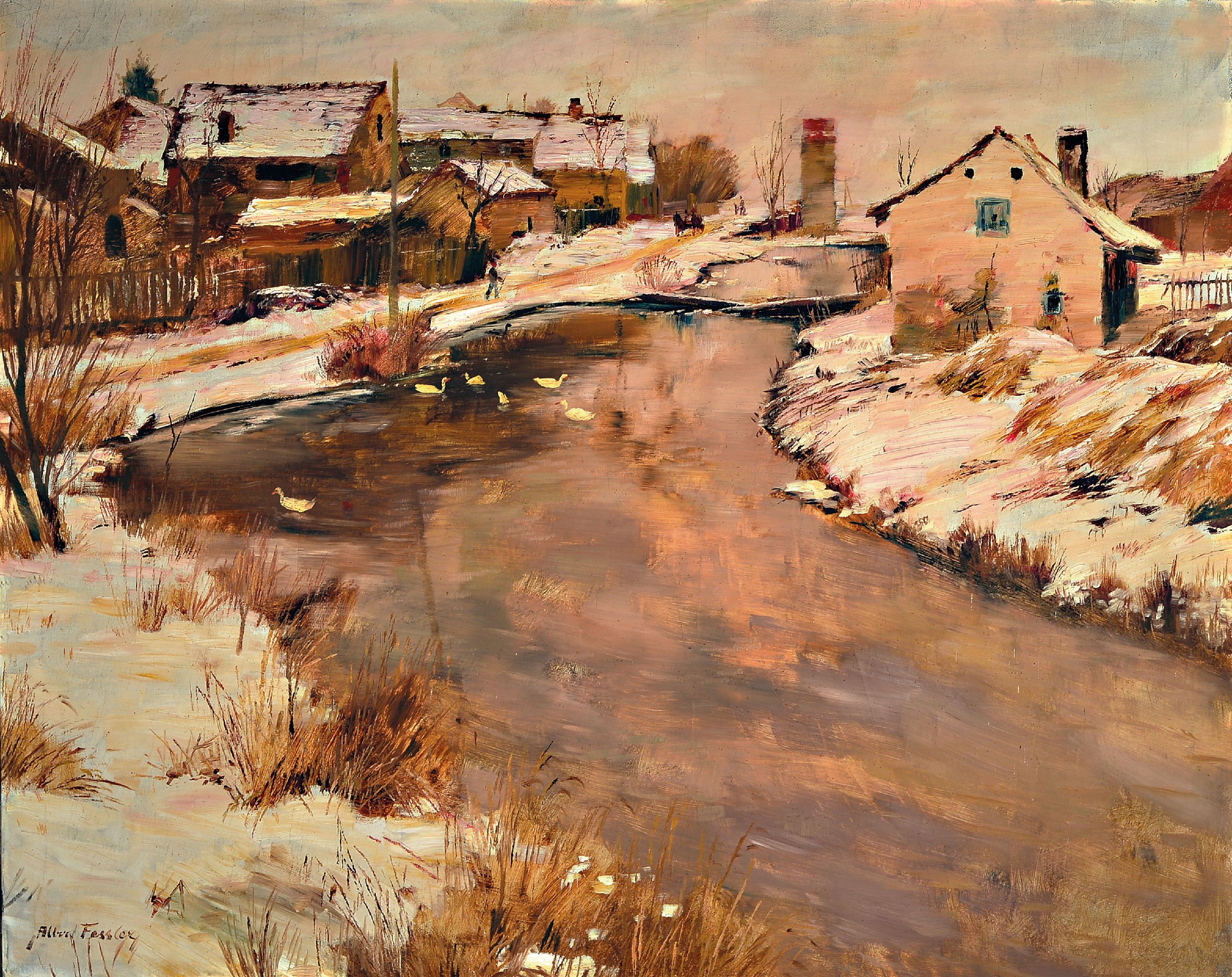 Image 27080199 - Albert Fessler, 1908-1978 Königsbach, Winterlich verschneite Dorfansicht mit Fluss, Öl ...