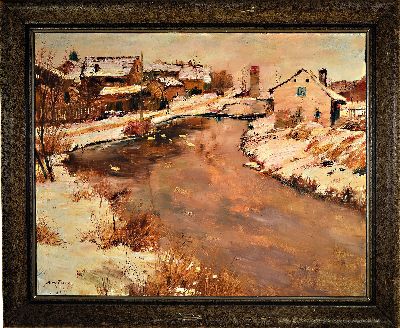 27080199k - Albert Fessler, 1908-1978 Königsbach, Winterlich verschneite Dorfansicht mit Fluss, Öl ...