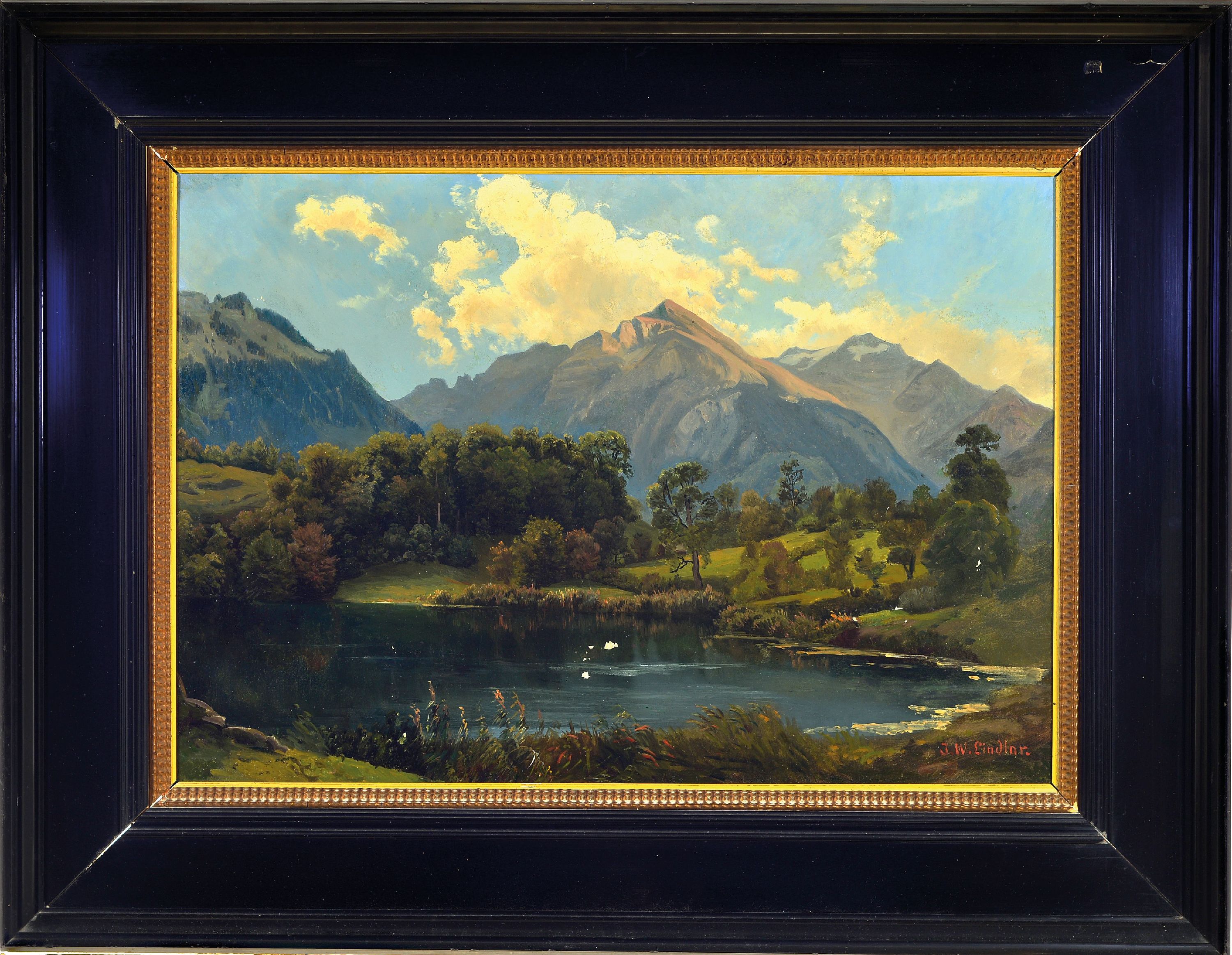 Detail k: Johann Wilhelm Lindlar, 1816 Bergisch Gladbach - 1896 Düsseldorf, sommerliche Gebirgslandschaft mit Bergsee, Öl/Lwd, li. unten signiert, ca. 42 x ...