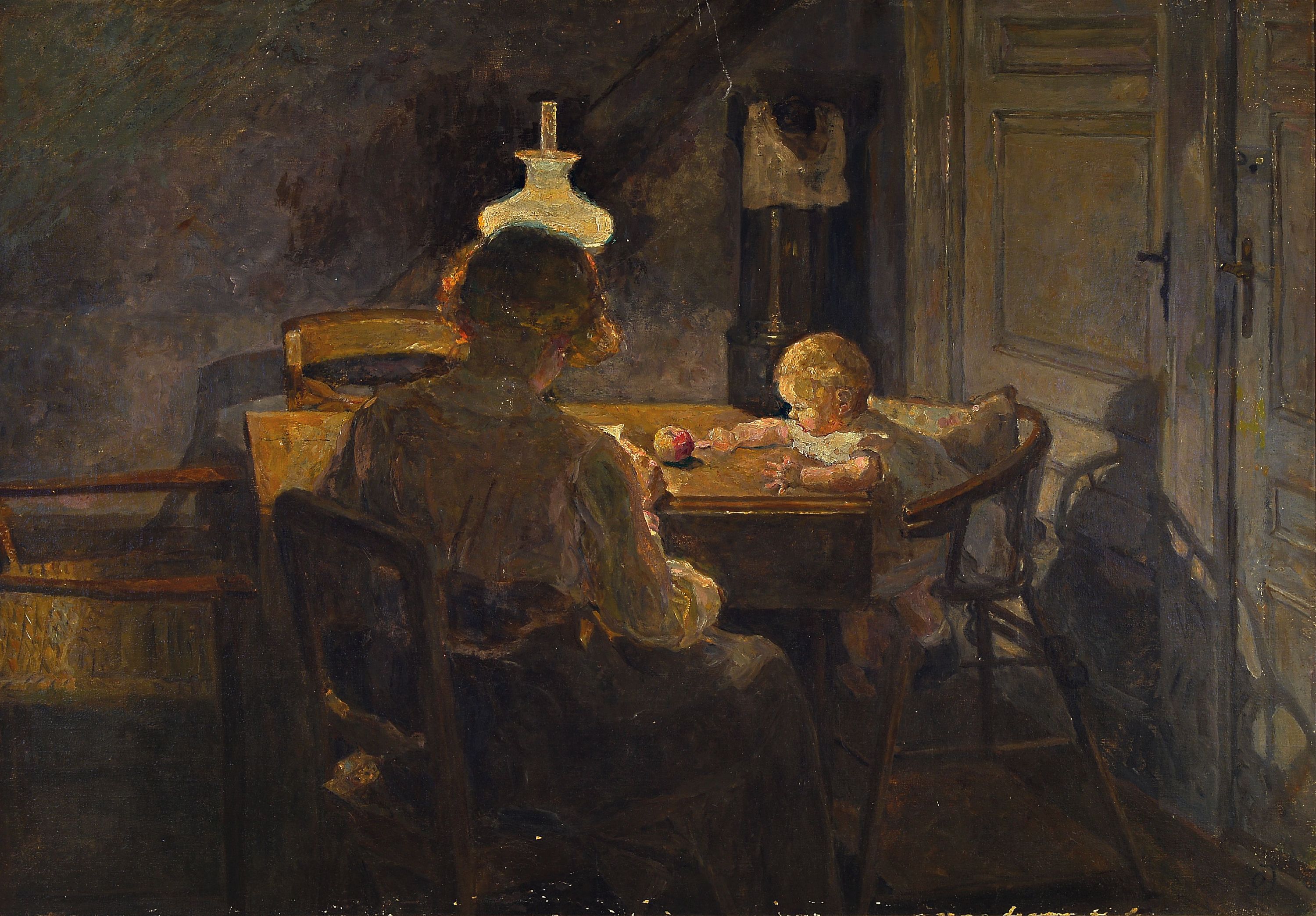 Image 27082494 - Olga Jensen, 1877-1949, Mutter mit Kind am Tisch sitzend, Öl/Lwd, rechts unten monogr., ...