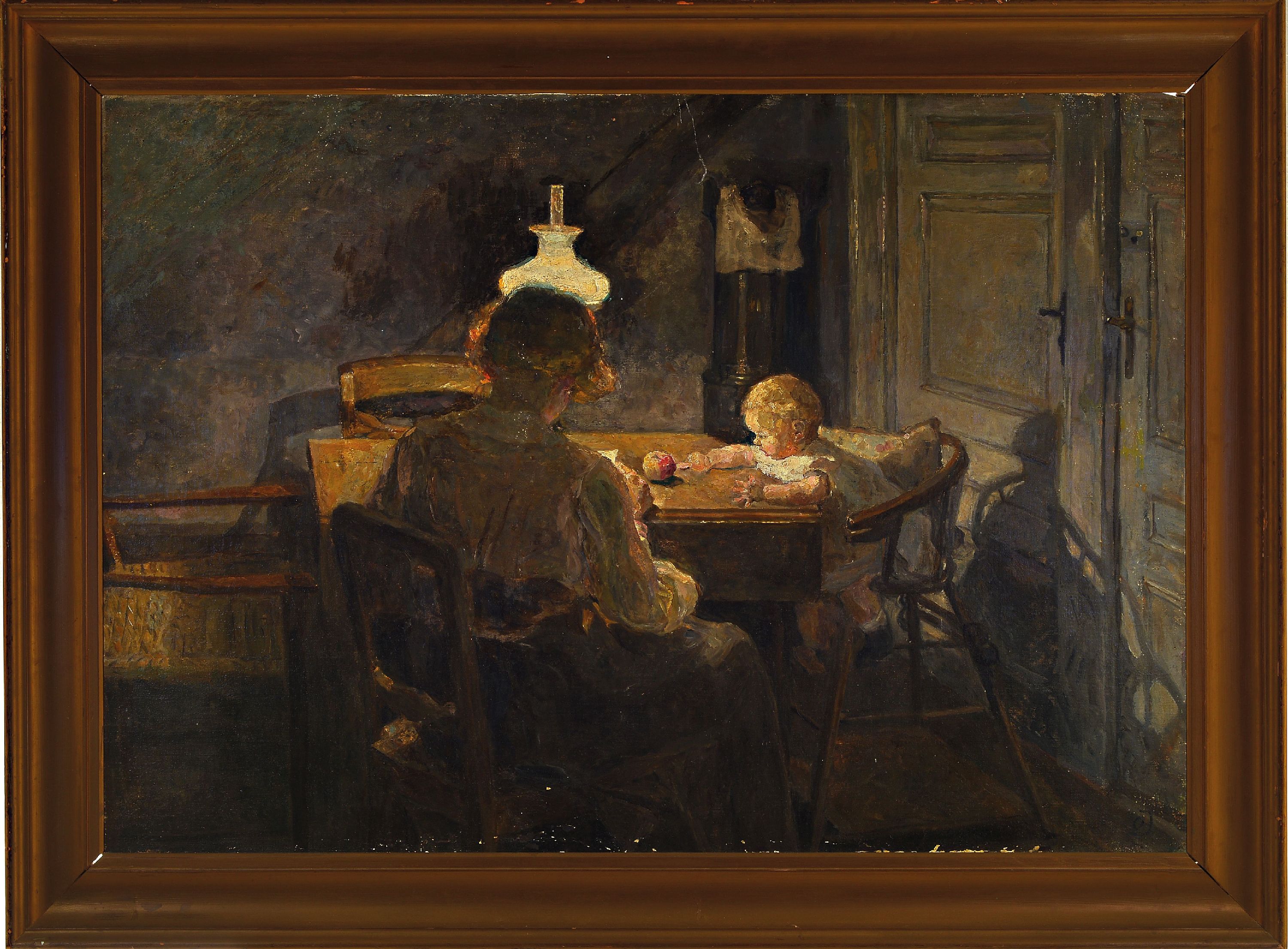 Detail k: Olga Jensen, 1877-1949, Mutter mit Kind am Tisch sitzend, Öl/Lwd, rechts unten monogr., ca. 770x100cm, R.