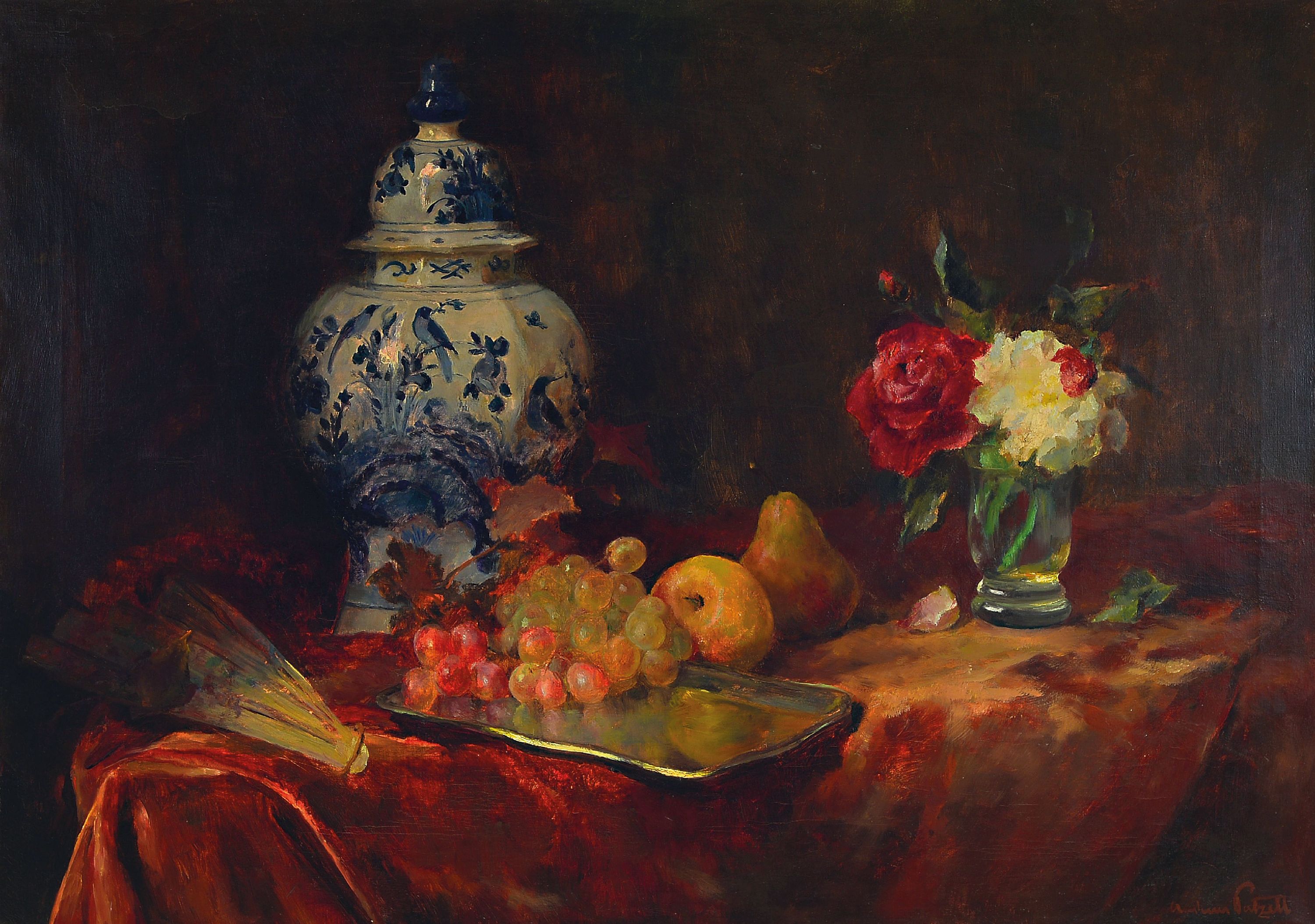 Image 27082495 - Andreas Patzelt, 1896-1980 Wien, Stillleben mit Blumen, Obst und Deckelvase, Öl/Lwd, ...